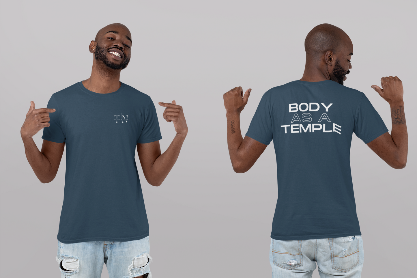 A Christian man wearing a Indigo shirt with a faith-based message. The front features tough nation's logo (left sideof photo), while the back prominently displays the text "Body As A Temple" (right side of photo), motivating him to stay active in Christ-centered fitness.