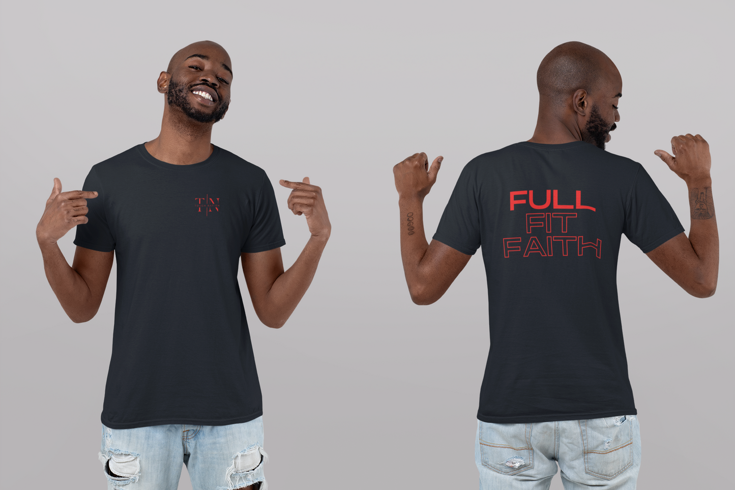 Stylish Christian Workout Clothes: Tough Nation Full Fit Faith Tee - Navy - Front and Back