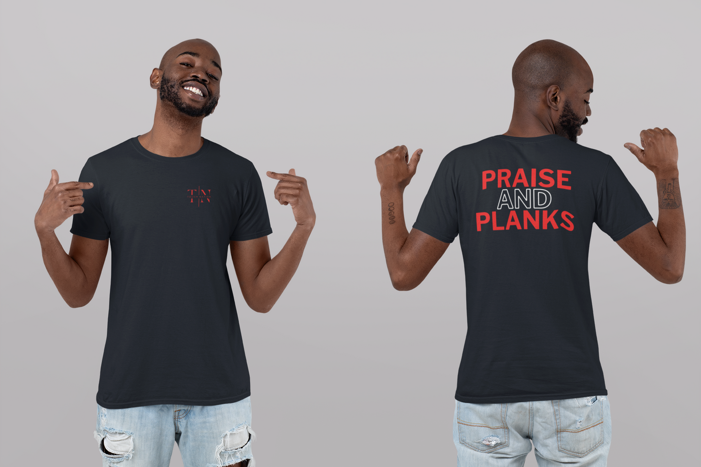 Tough Nation Praise & Planks Tee - Navy - Front & Back View - Stylish Christian Activewear for Men