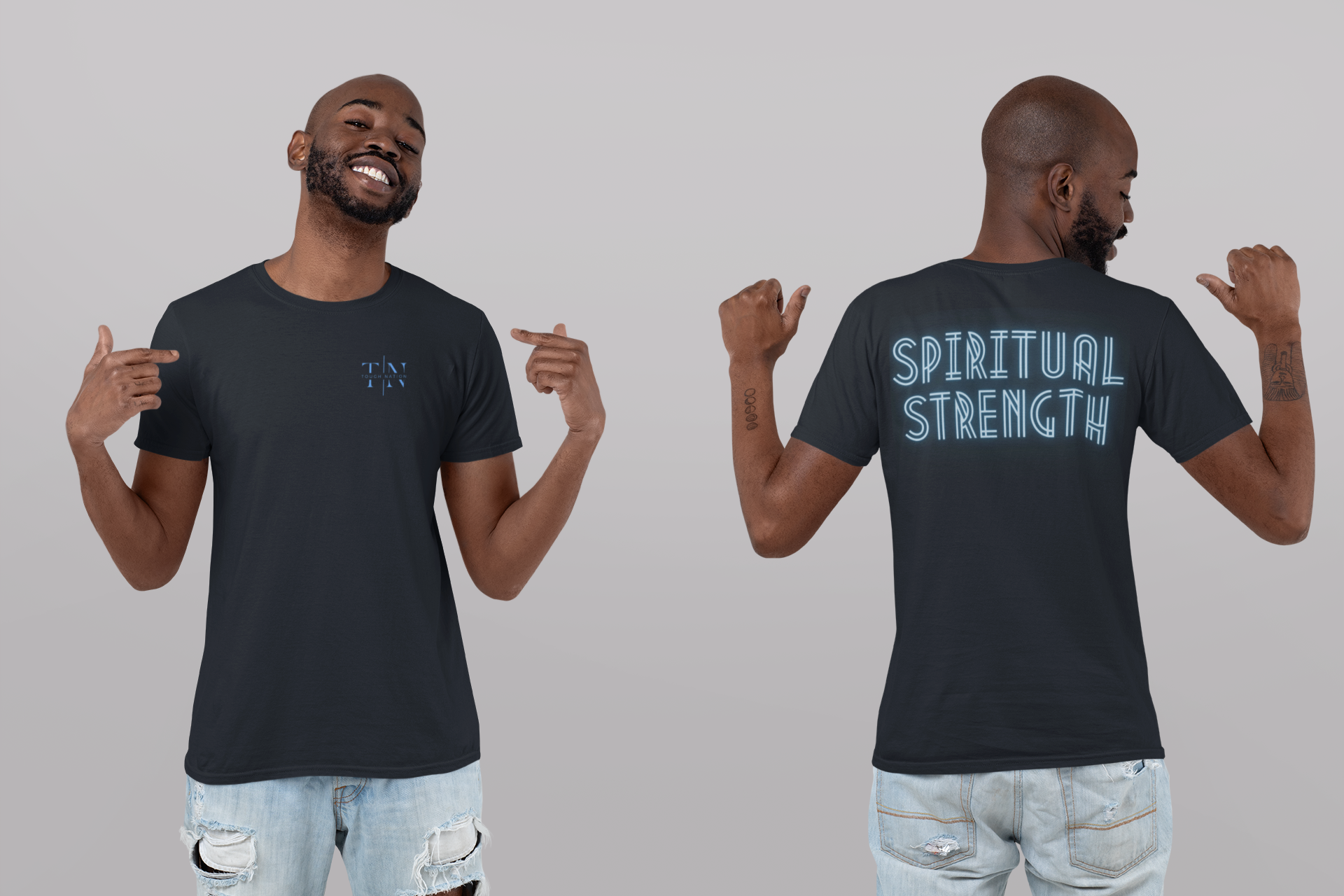 Tough Nation Spiritual Strength T-Shirt - Navy - Front & Back View - Christian Fitness Apparel