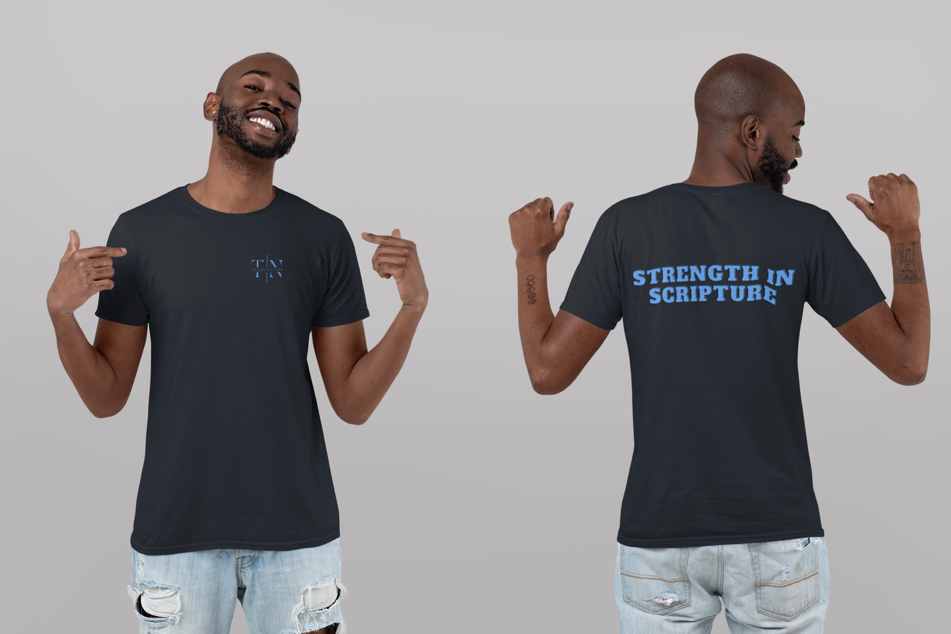 Stylish Christian Workout Shirts: Tough Nation Strength In Scripture Tee - Navy - Front and Back