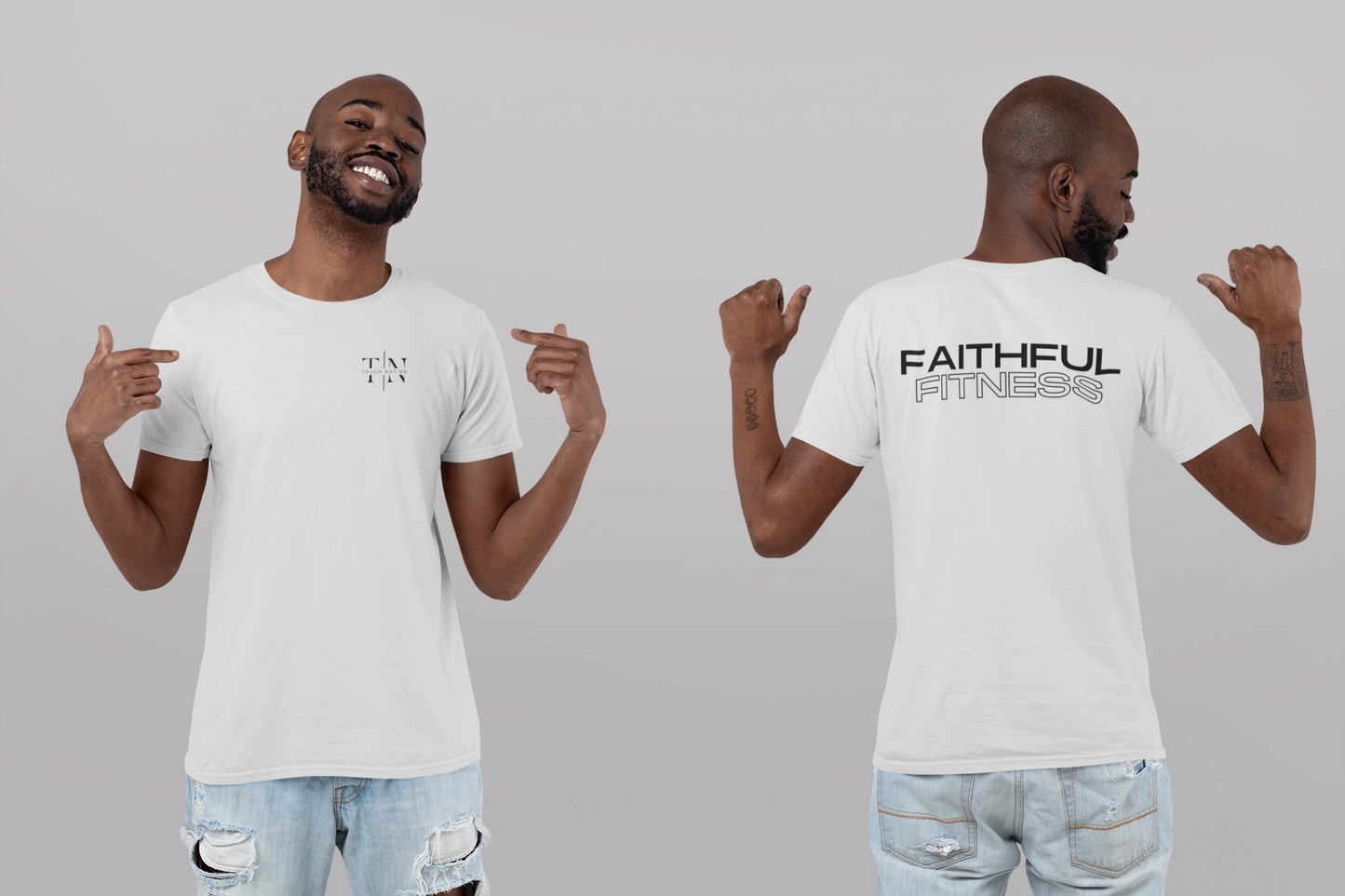 Tough Nation Faithful Fitness T-Shirt - White - Model Showcasing Front and Back