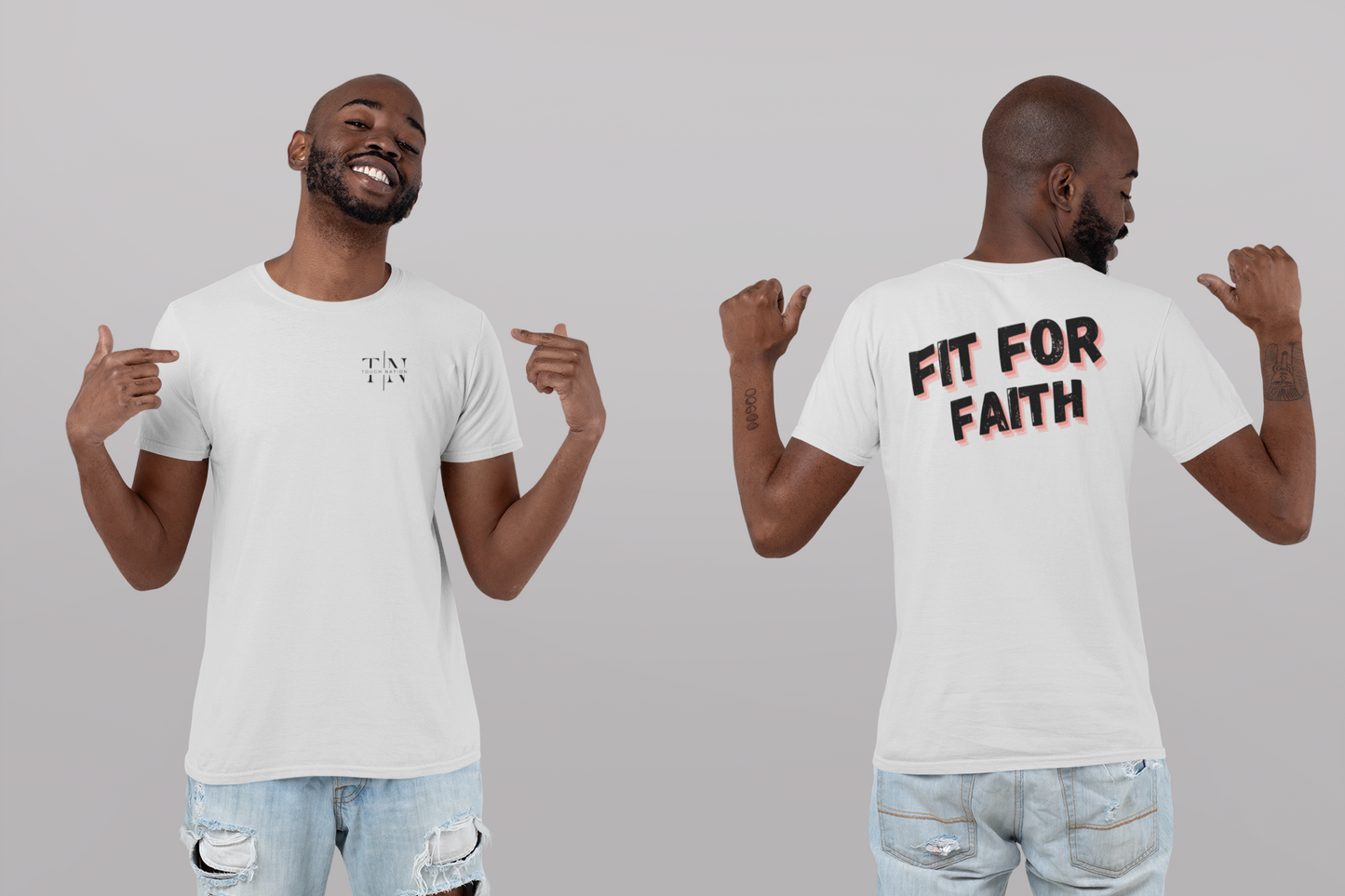 Tough Nation Fit For Faith Christian T-Shirt in White - Model Showcasing Front and Back