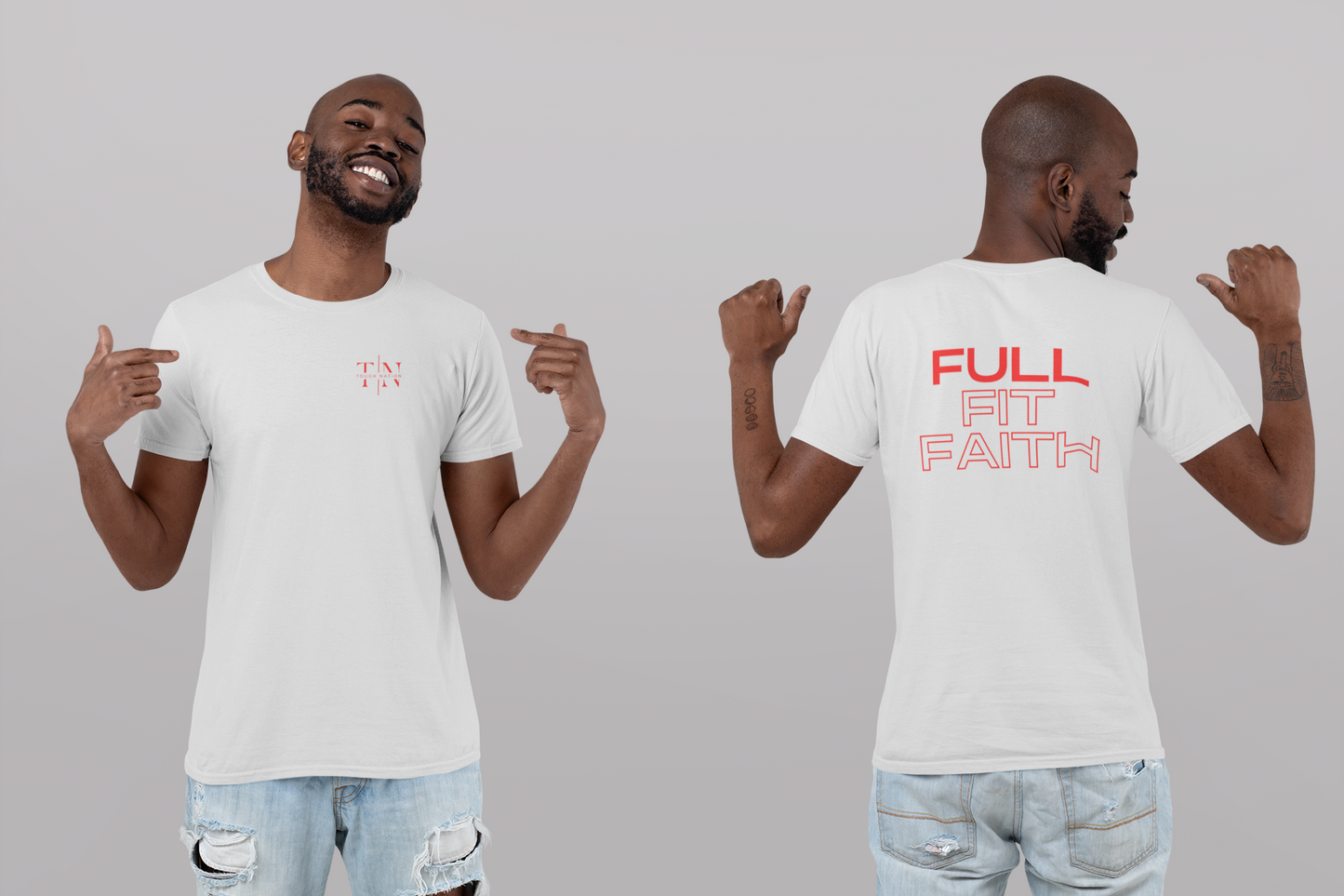 Tough Nation Full Fit Faith Christian T-Shirt - White - Model Showcasing Front and Back