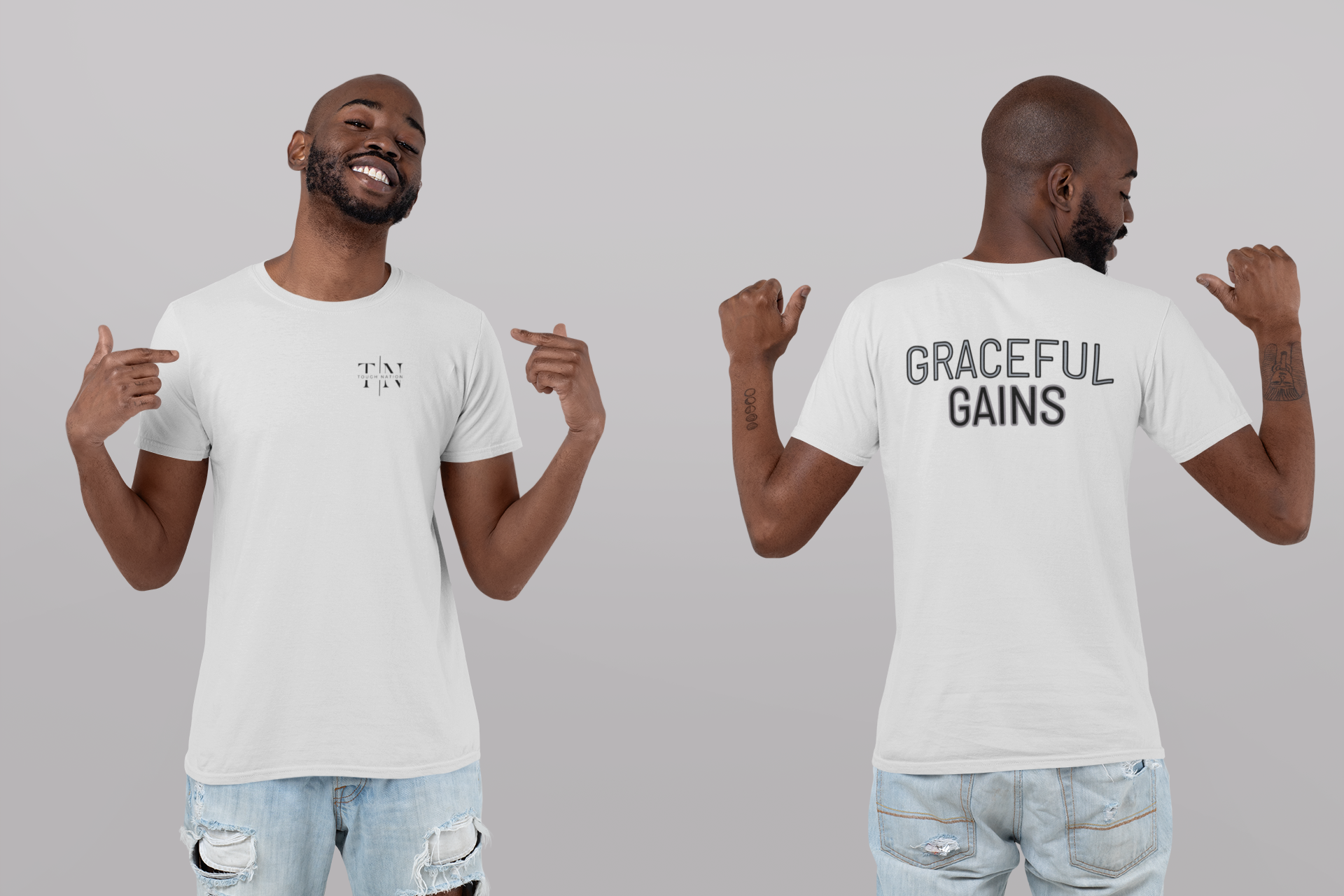 Tough Nation Graceful Gains Christian T-Shirt - White - Model Showcasing Front and Back