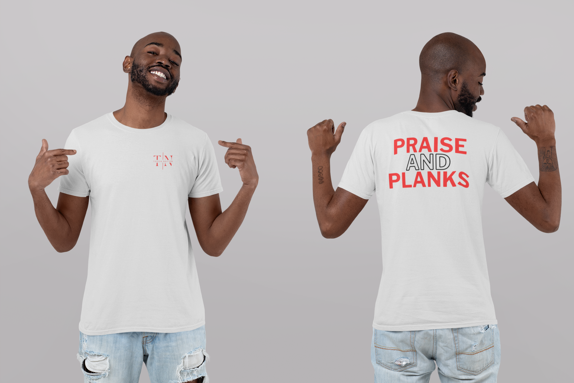 Tough Nation Praise & Planks Christian T-Shirt - White - Man Showcasing Front and Back - Christian Fitness Apparel