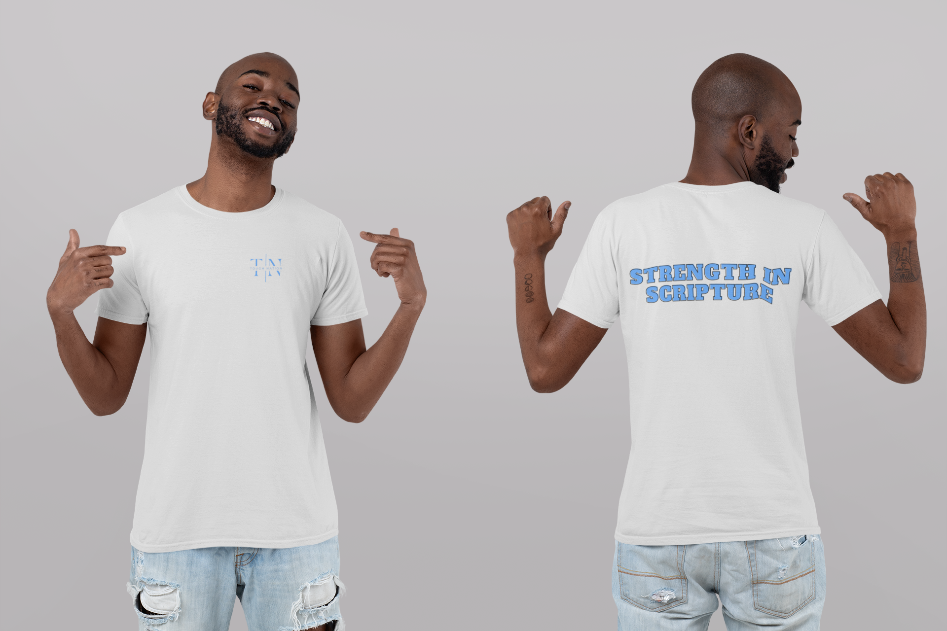 Tough Nation Strength In Scripture T-Shirt - White - Model Showcasing Front and Back