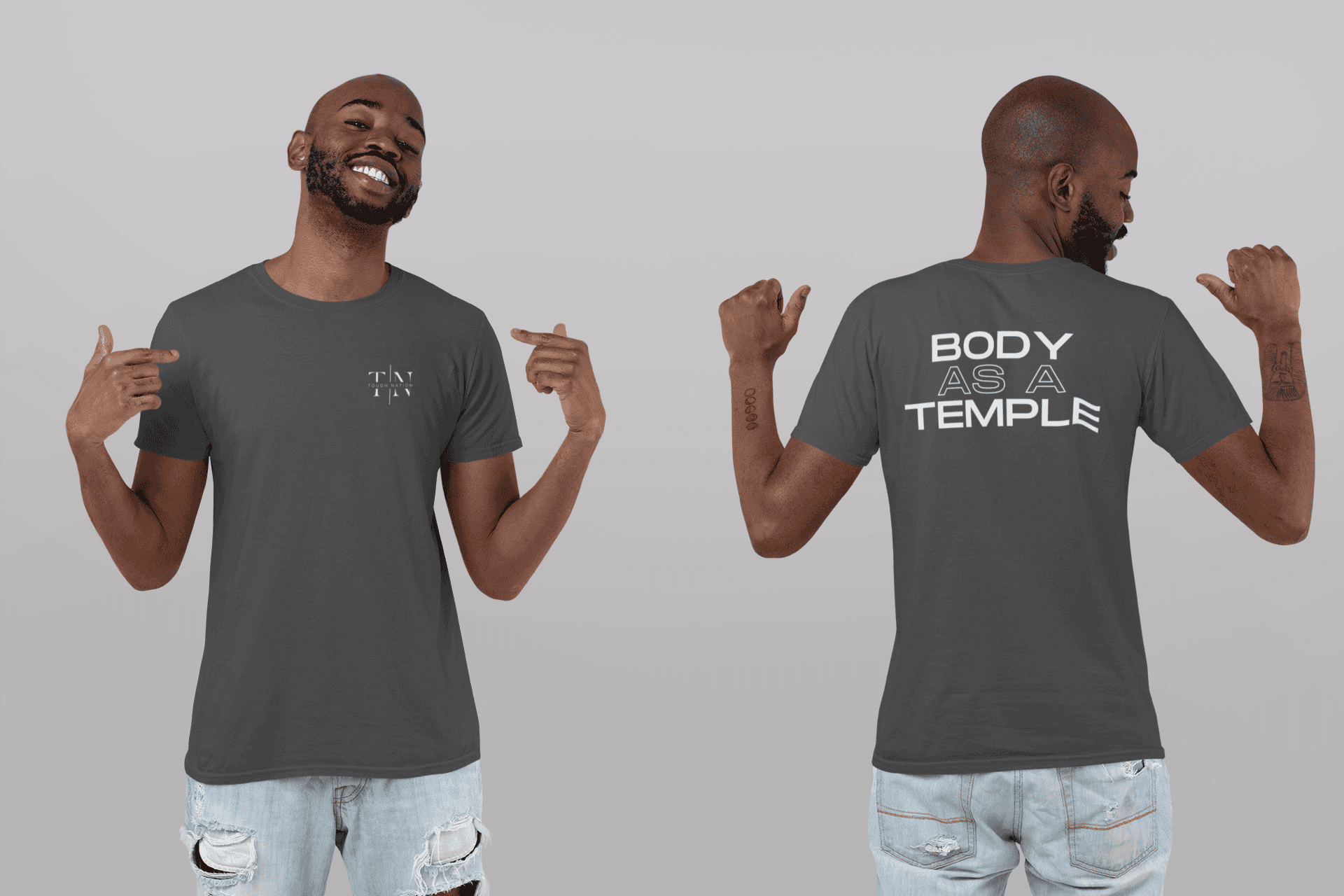 A Christian man wearing a premium heather shirt with a faith-based message. The front features tough nation's logo (left sideof photo), while the back prominently displays the text "Body As A Temple" (right side of photo), motivating him to stay active in Christ-centered fitness.